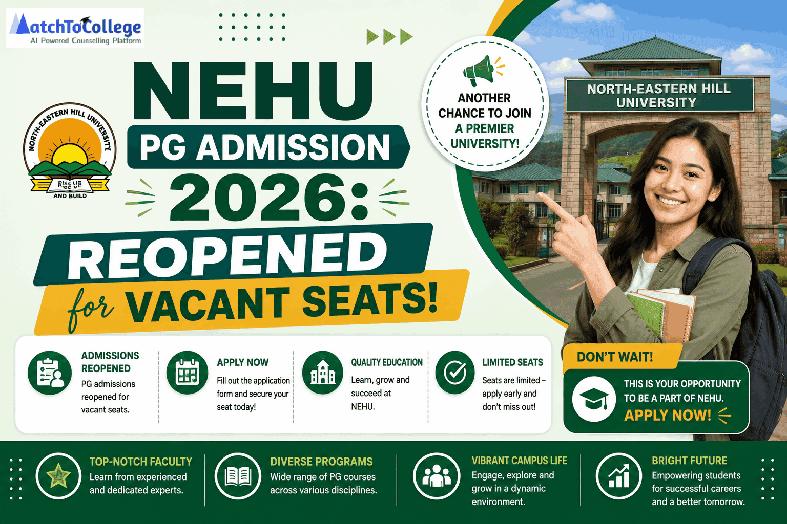 NEHU PG Admission 2026: Reopened for Vacant Seats