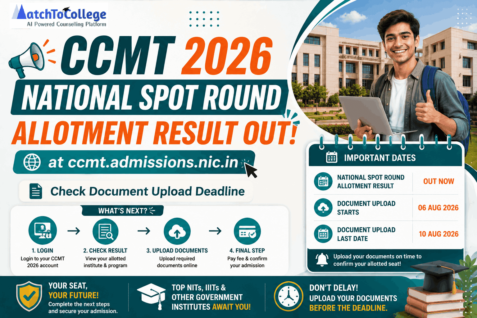CCMT 2026 National Spot Round Allotment Result Out Now