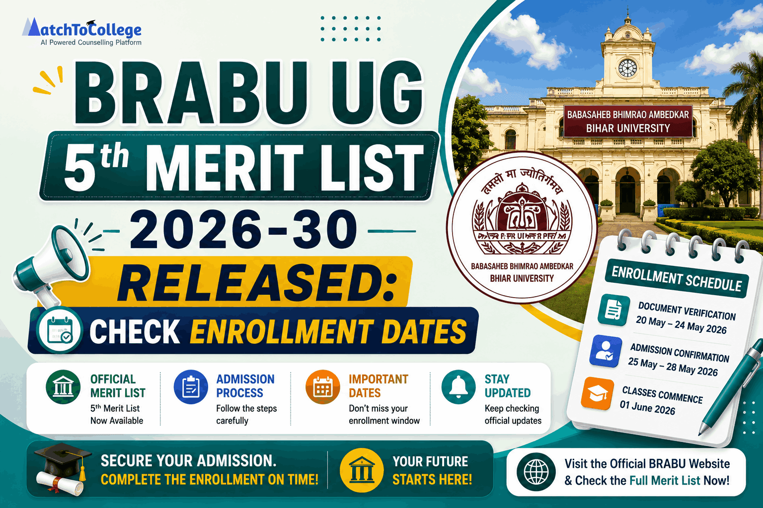 BRABU UG 5th Merit List 2026-30 Released: Check Enrollment Dates