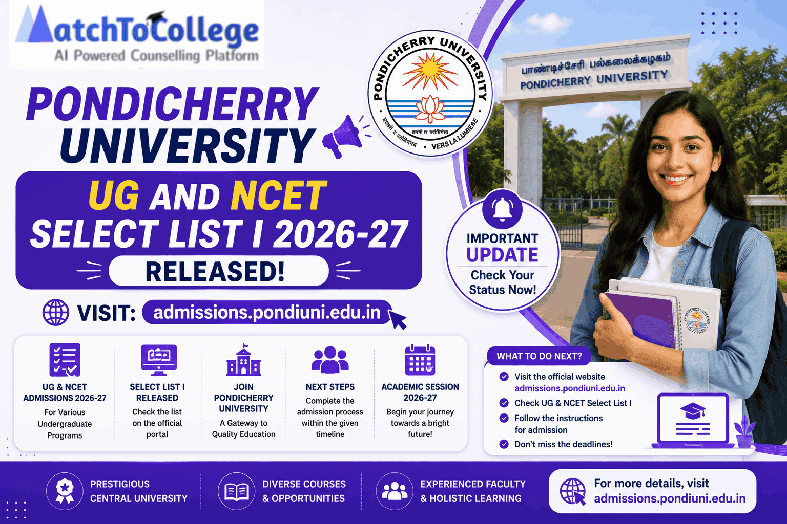 Pondicherry University UG & NCET 2026-27 Select List I OUT!