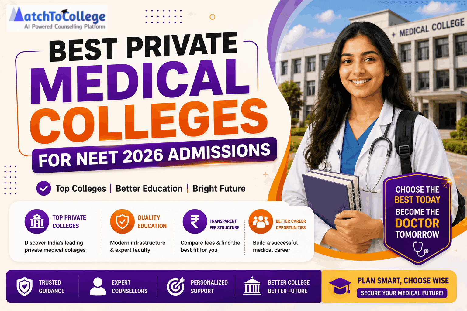 Modern private medical college campus and medical student with a tablet for NEET 2026 admissions branding.