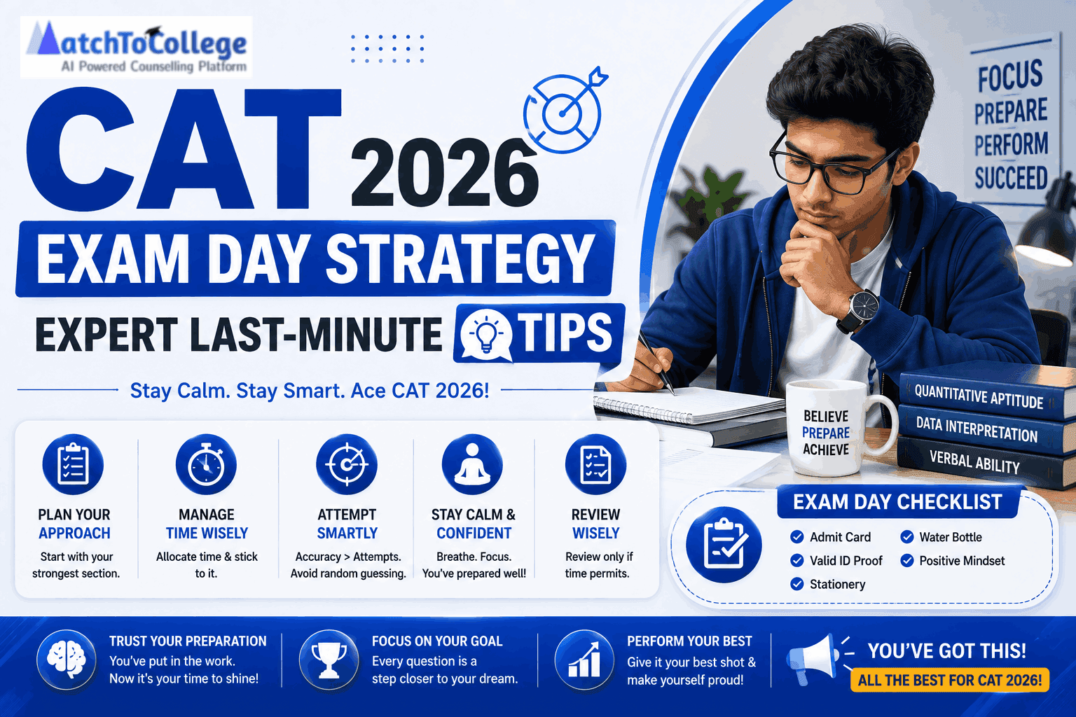 Modern and organized study desk with a laptop and checklist for CAT 2026 exam day strategy.