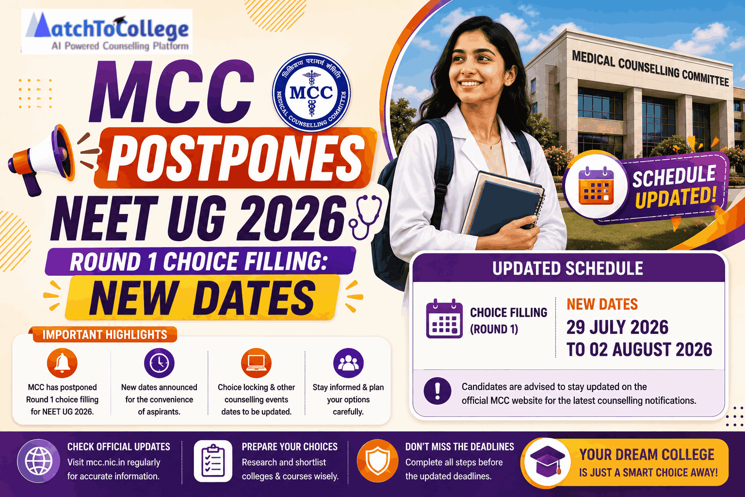 MCC Postpones NEET UG 2026 Round 1 Choice Filling: New Dates