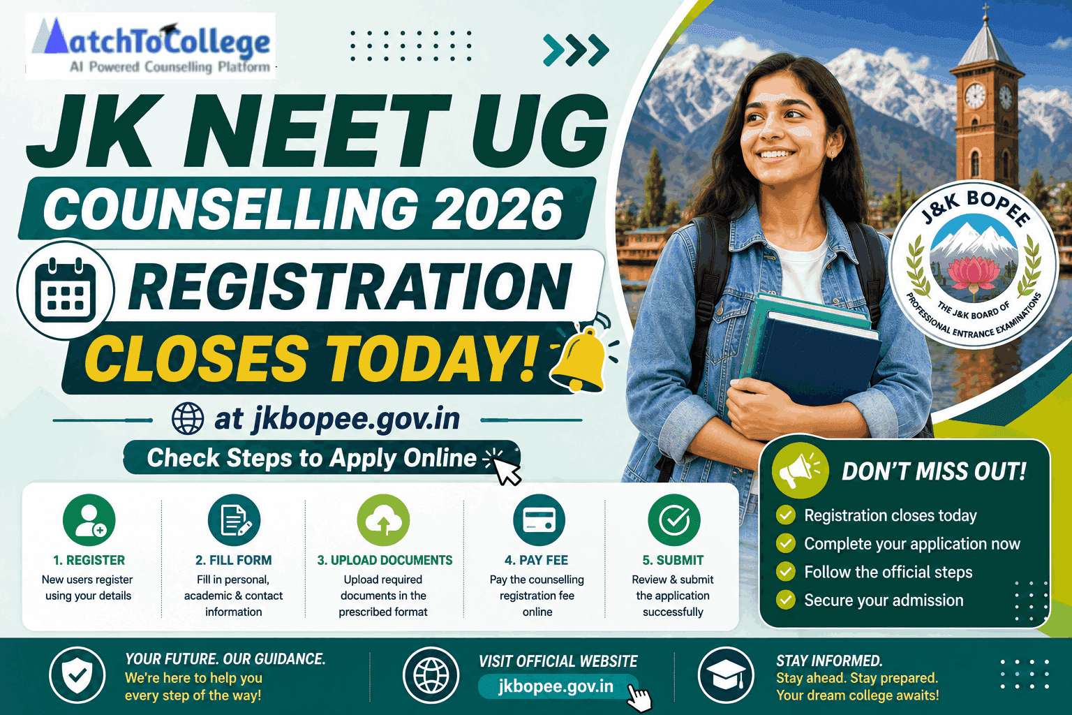 JK NEET UG 2026: Registration Closes Today at jkbopee.gov.in