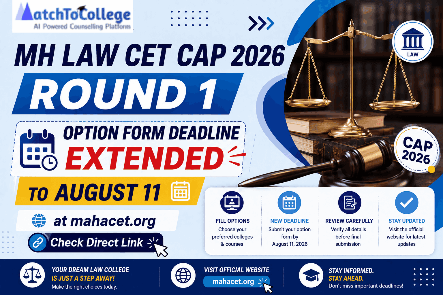 MH Law CET CAP 2026: Round 1 Option Form Extended to Aug 11
