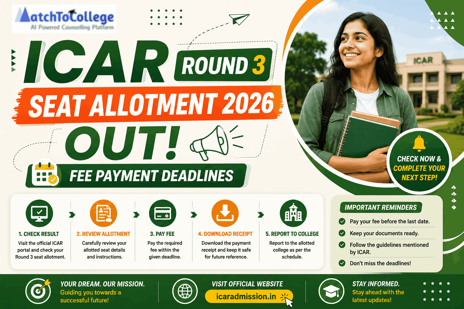 ICAR Round 3 Seat Allotment 2026 Out: Fee Payment Deadlines