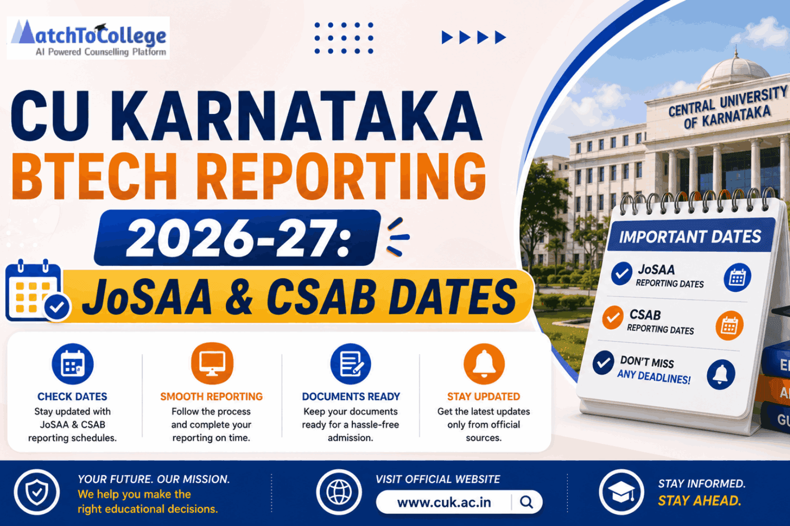 CU Karnataka BTech Reporting 2026-27: JoSAA & CSAB Dates