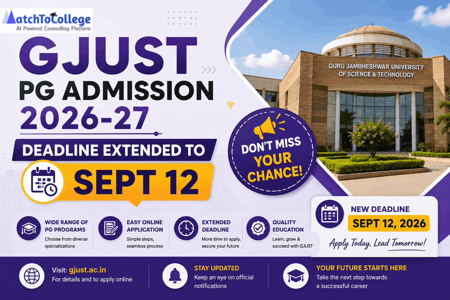 GJUST PG Admission 2026-27: Deadline Extended to Sept 12