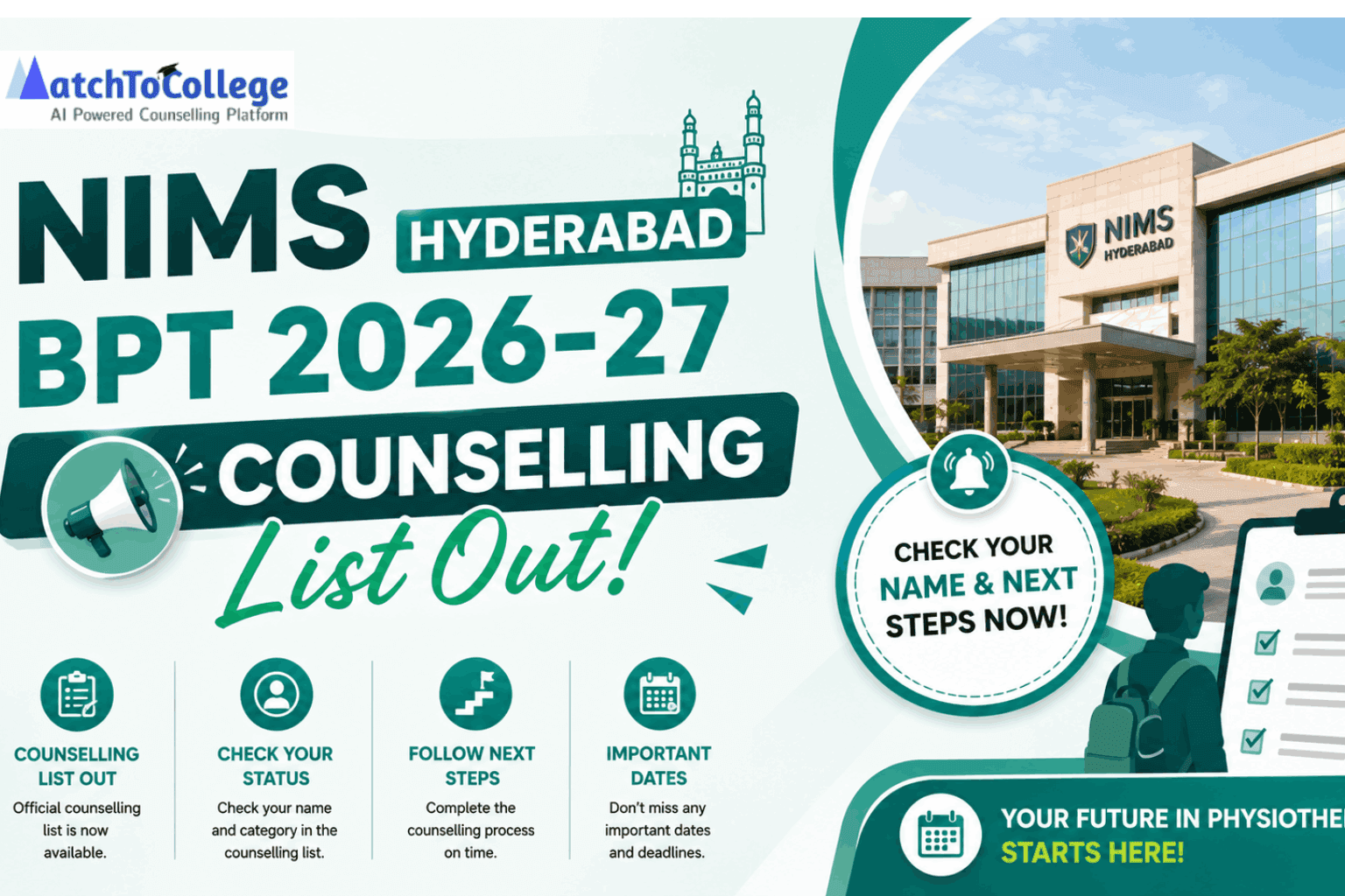 NIMS Hyderabad BPT 2026-27 Counselling List Out