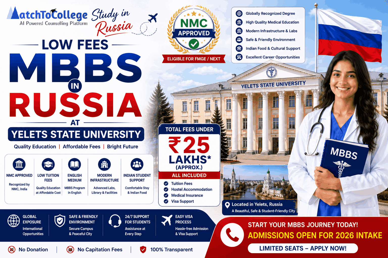 MBBS in Russia: Yelets State University 2025-26 Low Fees Alert