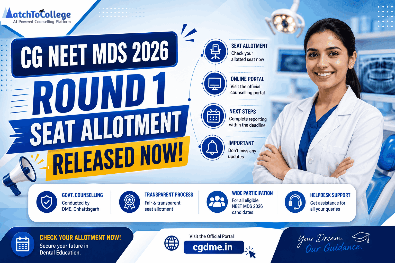 CG NEET MDS 2026 Round 1 Seat Allotment Released Now