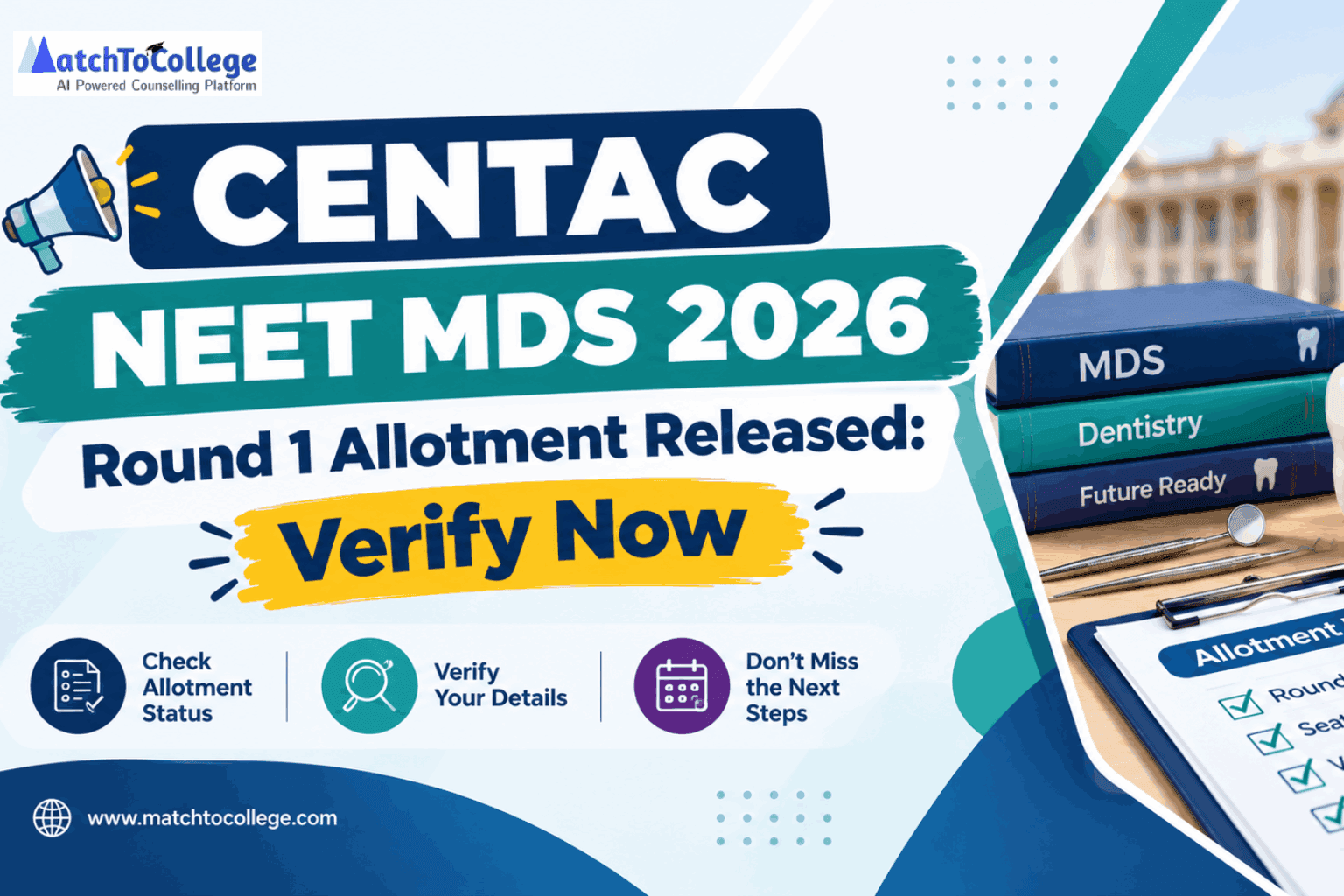 CENTAC NEET MDS 2026 Round 1 Allotment Released: Verify Now