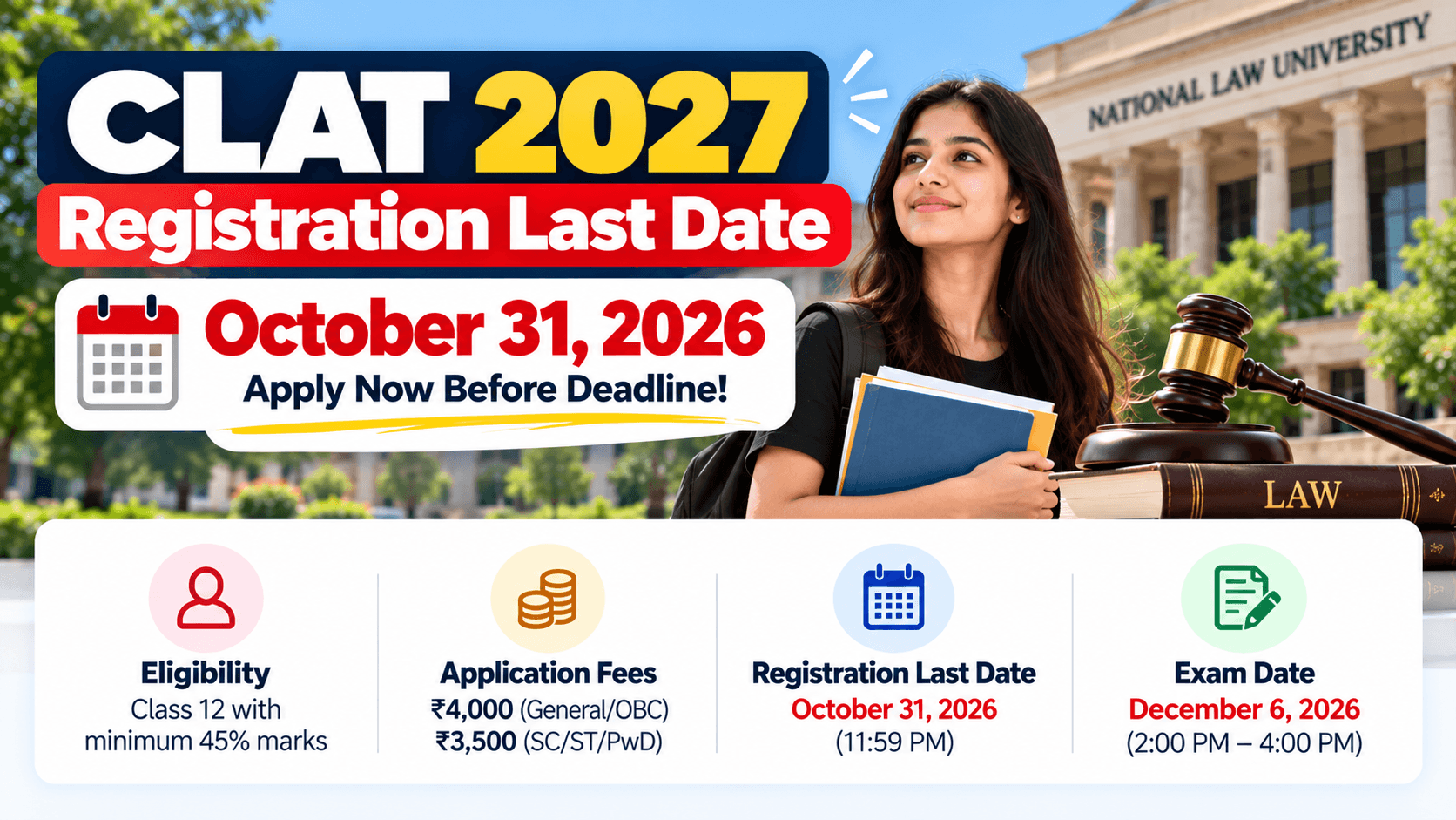 CLAT 2027 Registration Last Date October 31: Eligibility, Fees & Exam Date