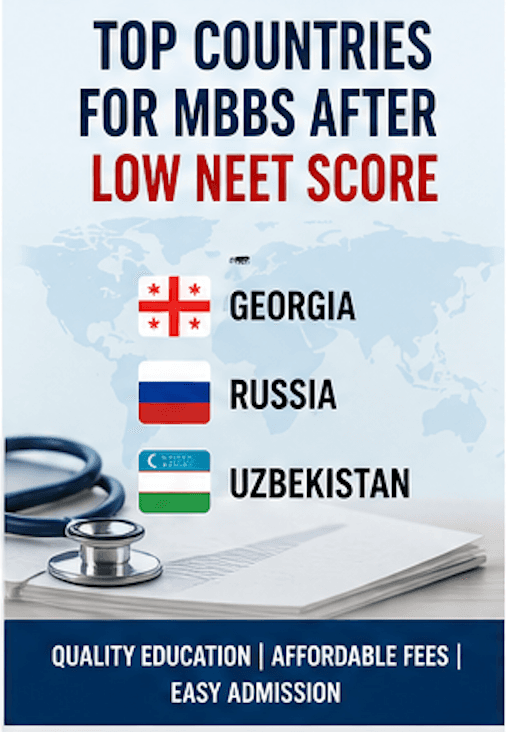 Diverse student confidently looking at a glowing world map with medical symbols, representing global MBBS opportunities after low NEET score. Professional image for MatchToCollege.