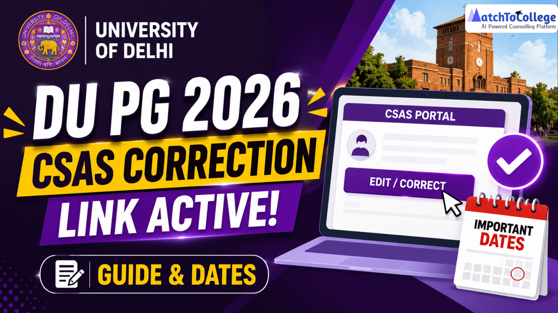 DU PG 2026 CSAS Correction Link Active: Guide & Dates